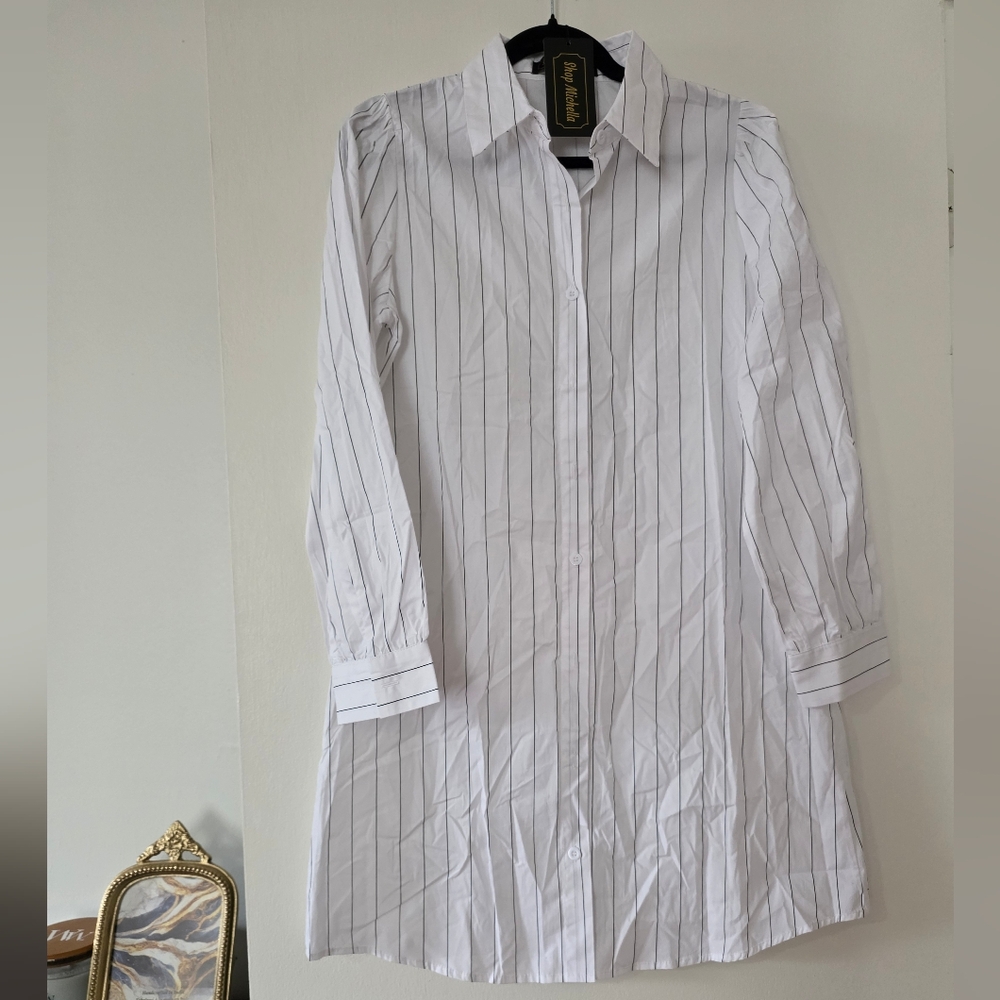 White Pinstripe Womens Long Sleeve Shirt Dress
